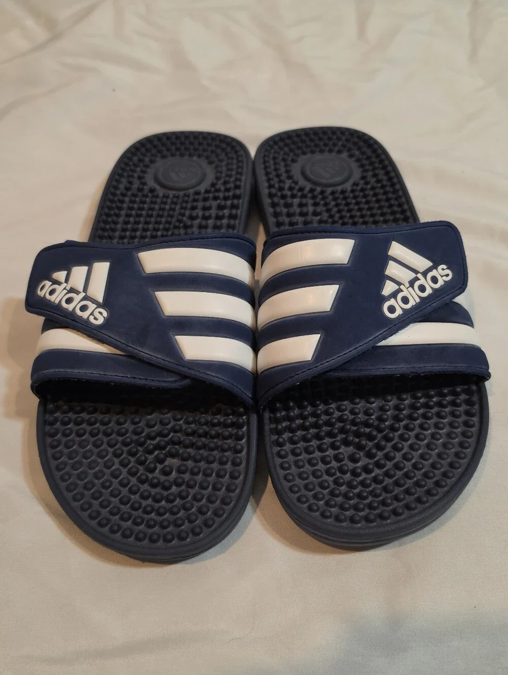 Adidas Adissage Navy Blue And White Velcro Slides Size 8